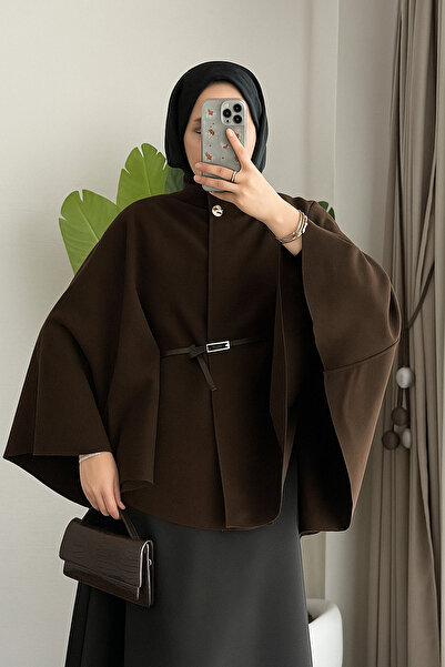 RFK Butik Kadın Oversize Kemerli Kaşe Panço - Kahverengi
