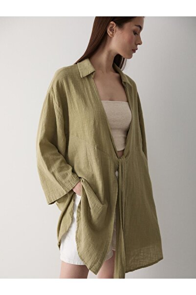 Laluvia Khaki Flam plátěná kimonová košile
