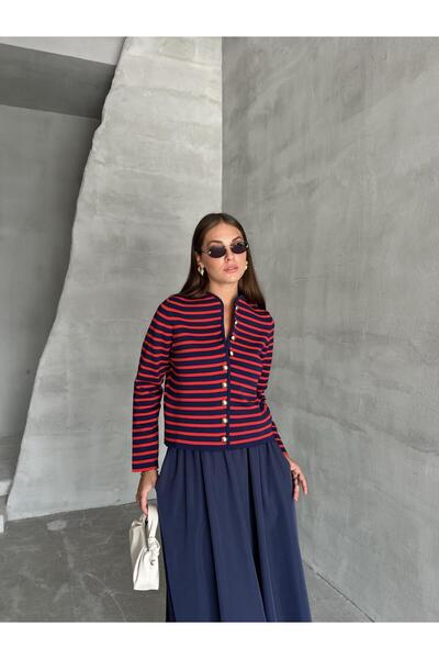 Laluvia Sötétkék-piros gallér nélküli csíkos mintás aranygombos kardigán