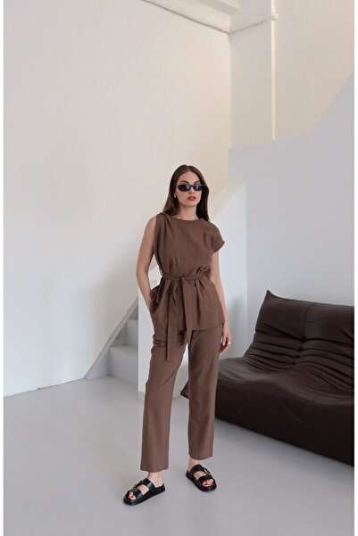 Laluvia Barna vállrészletű blúz és nadrág szett - 8644