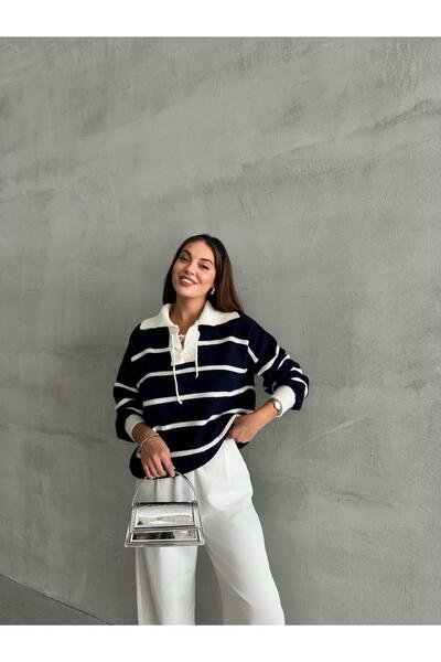 Laluvia Sötétkék Mike Polo nyakú ekrü csíkos elülső csipke kötöttáru pulóver