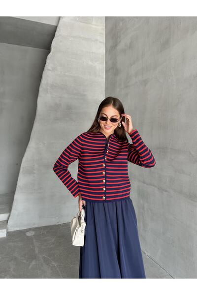 Laluvia Sötétkék-piros gallér nélküli csíkos mintás aranygombos kardigán