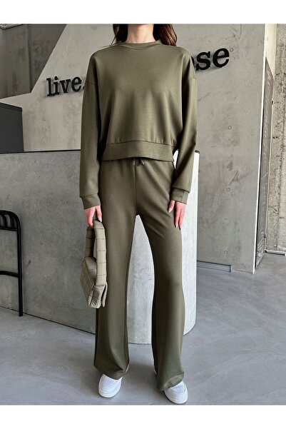 Laluvia Khakifarbenes Sweat-Hosenset mit weitem Bein