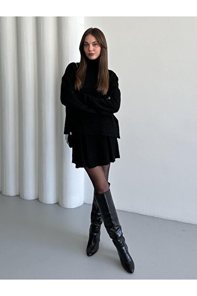 Laluvia Black Pleated Skirt and High Neck Sweater Set