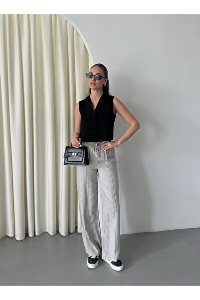 Laluvia Šedé kalhoty Palazzo ze 100% lnu