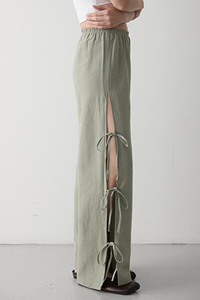 Laluvia Khaki 100% Cotton Side Slit and Tie Detailed Trousers