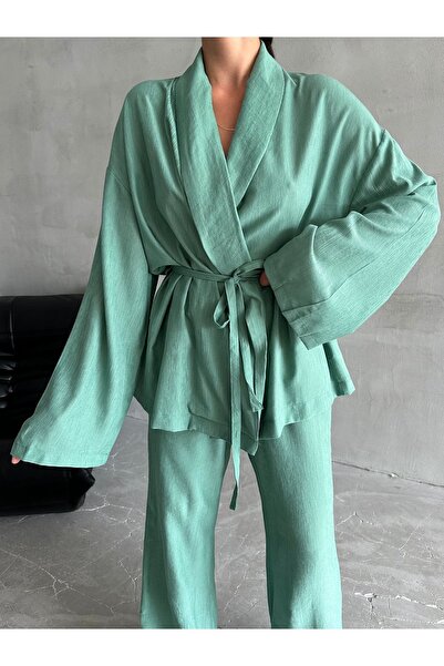 Laluvia Zöld kendőgalléros kimonó nadrág szett