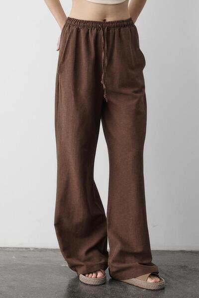 Laluvia Καφέ βαμβακερό λινό παντελόνι με ελαστική μέση