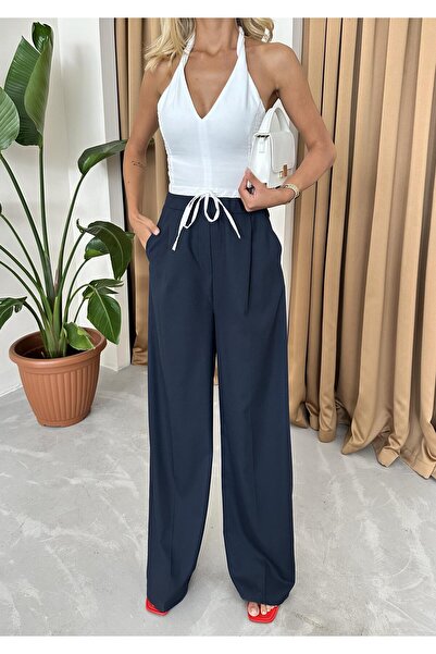 Laluvia Сині штани з поясом і бічною блискавкою