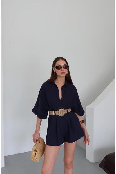 Laluvia Sötétkék szalmaöves ing rövidnadrág szett