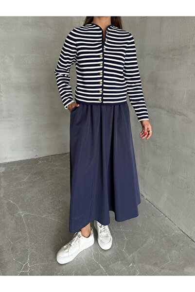 Laluvia Sötétkék-Ecru gallér nélküli, csíkos mintás, aranygombos kardigán