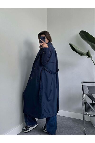 Laluvia Sötétkék gombos részletes övvel ellátott, hosszú Trench kabát