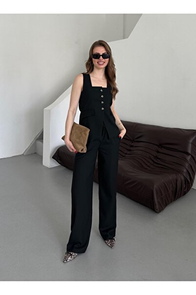 Laluvia Černý čtvercový límec Vesta Kalhoty Set