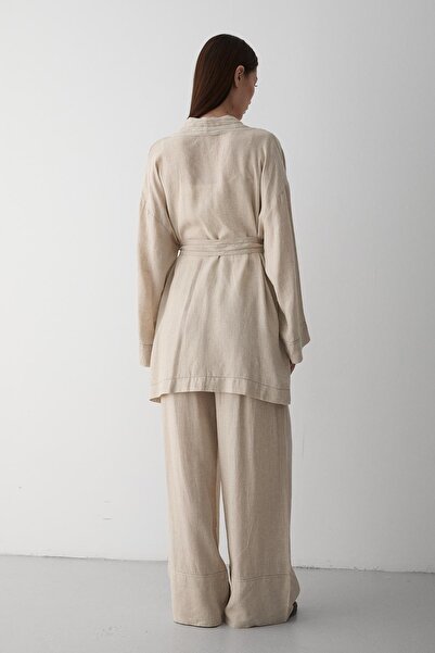 Laluvia Natural Pocket Detailed Belted Kimono Set