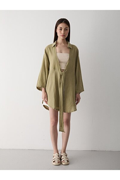 Laluvia Khaki Flam plátěná kimonová košile