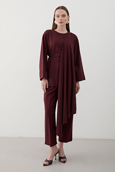 Laluvia Burgundy Self-Tied Blouse and Pants Set - 8752
