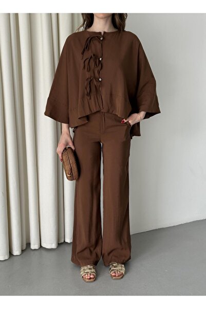 Laluvia Brown Batwing Sleeve Lace-Up Button Detailed Suit