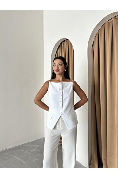 Laluvia Білий 100% бавовняний жилет з тонкими бретелями, кишенями та ґудзиками