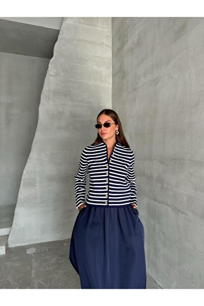 Laluvia Sötétkék-Ecru gallér nélküli, csíkos mintás, aranygombos kardigán