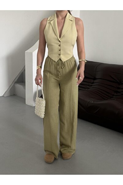 Laluvia Haki %100 Keten Palazzo Pantolon