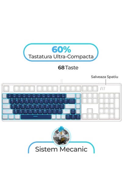 Timebox Tastatură mecanică de gaming, 60%, lumini LED, 68 de taste, cu cablu Type-C, comutator albastru, portabilă, albastru