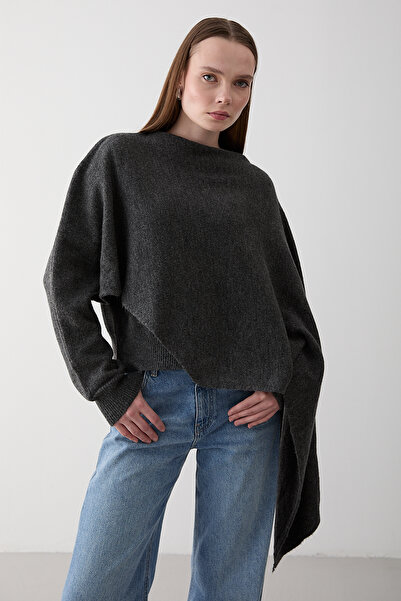 Laluvia Anthracite Scarf Detailed Knitwear Sweater - 98073