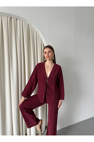 Laluvia Burgundy Tied Kimono Set - 8567