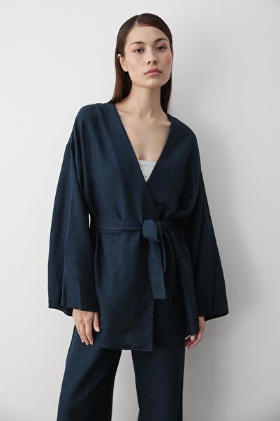 Laluvia Sötétkék pamut kimonó széles szárú nadrág szett