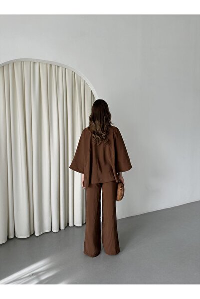 Laluvia Brown Batwing Sleeve Lace-Up Button Detailed Suit