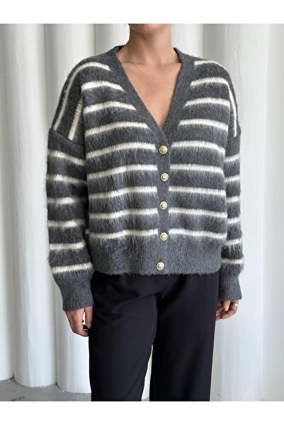 Laluvia Anthrazit-Ecru Strickjacke mit Querstreifen