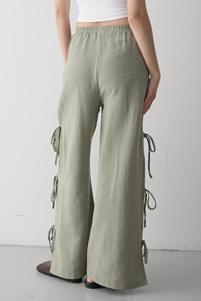 Laluvia Khaki 100% Cotton Side Slit and Tie Detailed Trousers