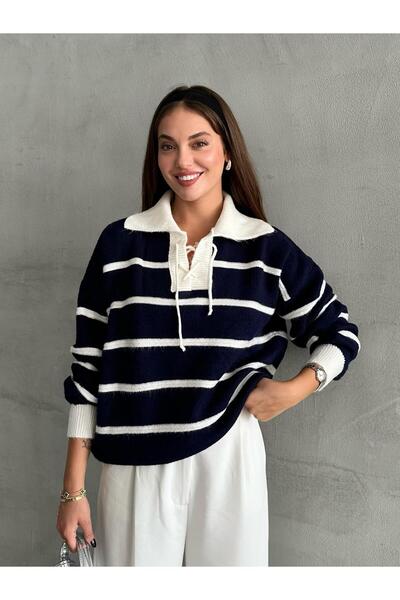 Laluvia Sötétkék Mike Polo nyakú ekrü csíkos elülső csipke kötöttáru pulóver
