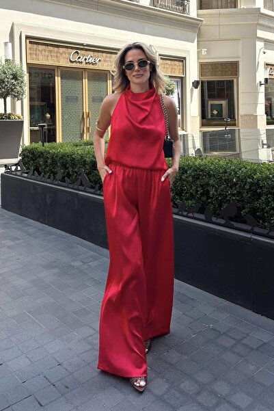 Laluvia Czerwony satynowy zestaw bluzka i spodnie