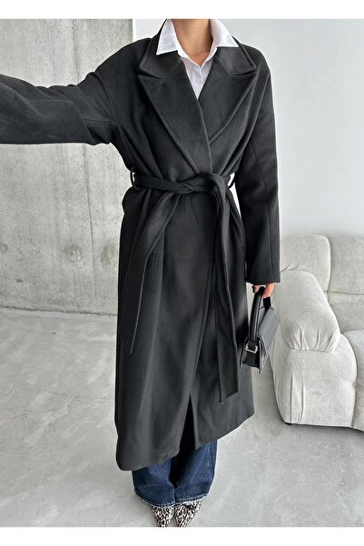 Laluvia Palton lung negru simplu cu buzunar și curea