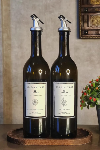 KHAKMA Amber Set of 2 750 ml Olive Oil Bottle with Wooden Stand Oil Pot Oil Bottle 750 Bb Za St