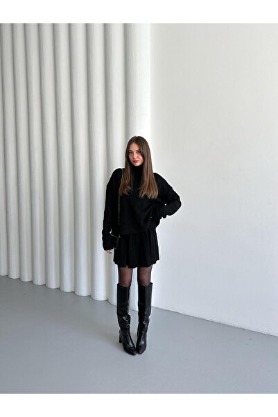 Laluvia Black Pleated Skirt and High Neck Sweater Set