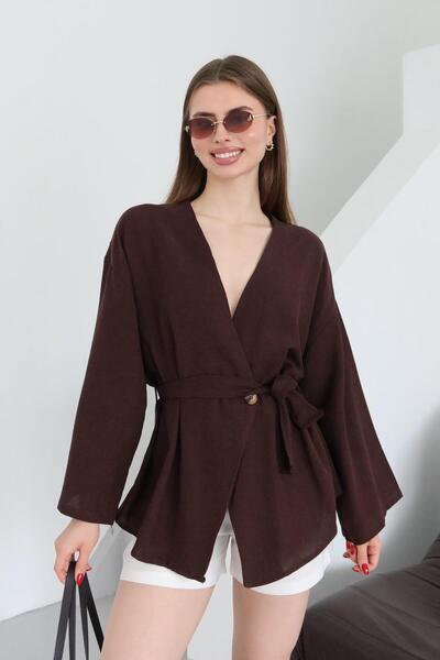 Laluvia Brauner Leinen-Kimono aus Baumwolle mit Knopfleiste und Gürtel