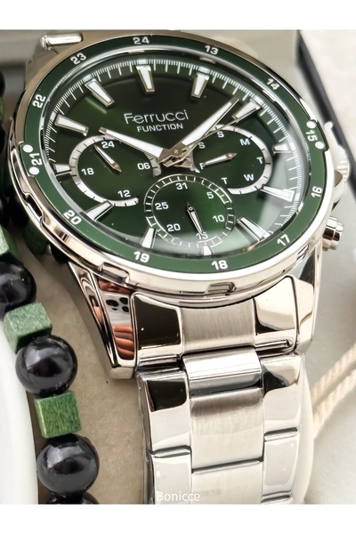 Ferrucci Marka Fonksiyonları Aktif, Gümüş Renk Çelik Kordon, Yeşil Kadran Erkek Kol Saati  Bileklik Tesbih