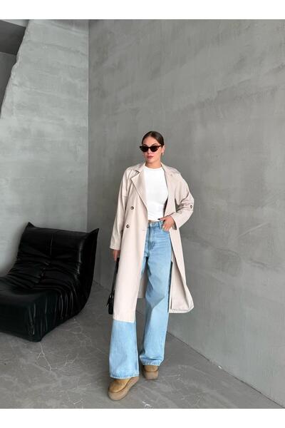 Laluvia Krem Dökümlü Uzun Trençkot