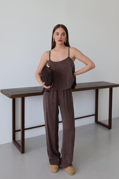 Laluvia Brown Satin Look Suspender Blouse Pants Set