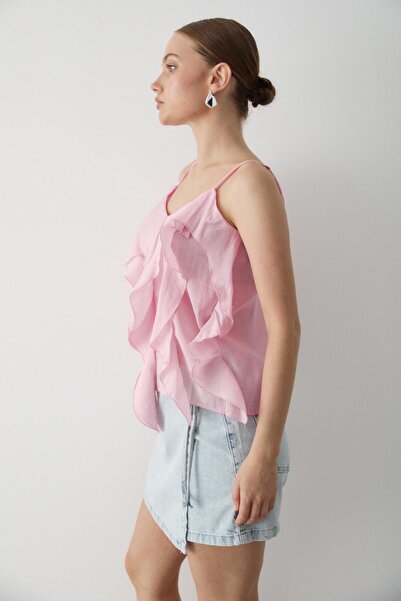 Laluvia Pink Ruffled Strap Blouse