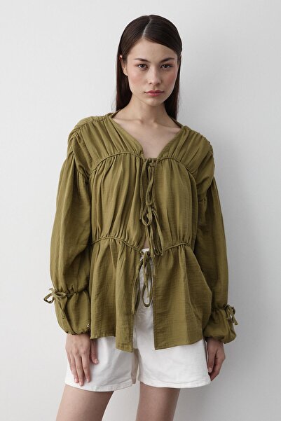 Laluvia Haki %100 Pamuk Kolu Lastikli Müslin Gömlek