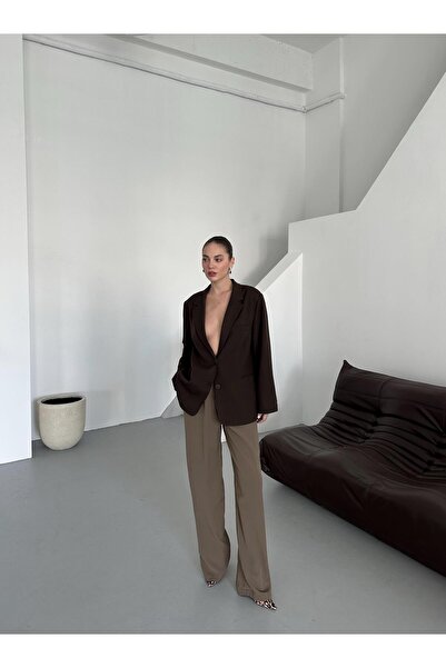 Laluvia Haki Gold Düğmeli Beli Lastikli Palazzo Pantolon