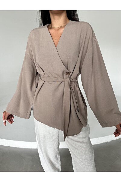 Laluvia Mléčná hnědá bavlněná knoflíková lněná kimona s páskem