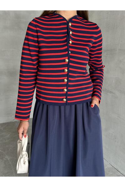 Laluvia Sötétkék-piros gallér nélküli csíkos mintás aranygombos kardigán