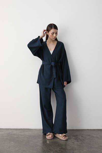 Laluvia Sötétkék pamut kimonó széles szárú nadrág szett