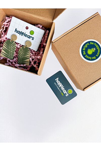 Happiears Bej Zemin Üzerine Yeşil Yaprak Desenli Özel Tasarım Küpe