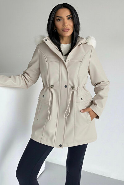 hiramir Kapüşonlu Deri İçi Kürklü Cep Üstü Detaylı Mont Bej KS2509