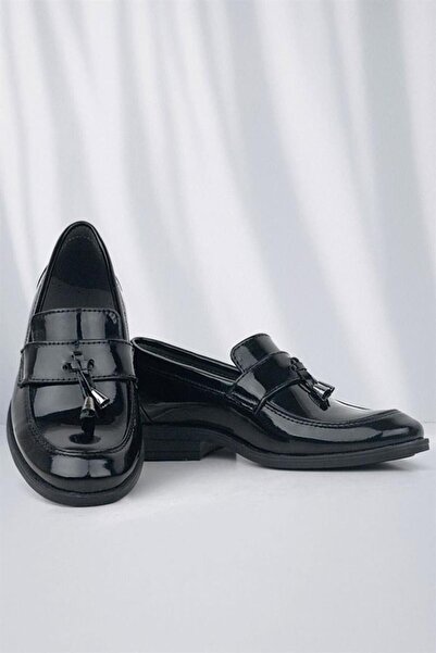 Rakerplus Loafer Pantofi clasici pentru copii pentru bărbați din piele lacuită neagră