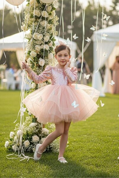 ABİYEKİDS Pudra Balon Omuz Kollu Payetli Balo Gösteri Kıyafeti 23 Nisan Çocuk...